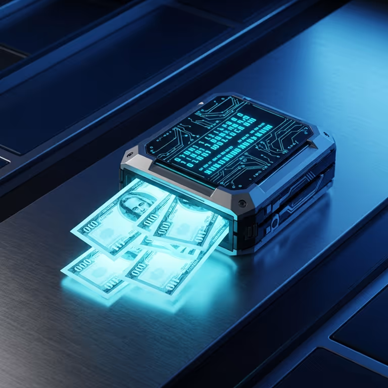 Kasyno KodaBet z futurystycznym cyfrowym sejfem wypuszczającym świecące banknoty euro, symbolizującym błyskawiczne wypłaty i zaawansowane bezpieczeństwo.