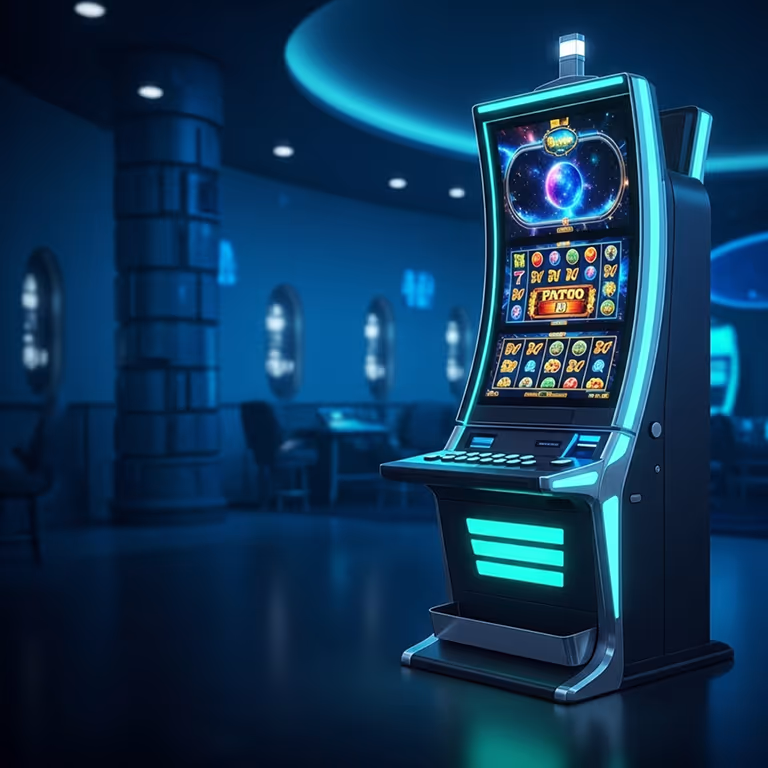 KodaBet Casino przedstawia futurystyczny automat do gier rozświetlony niebieskim neonowym światłem w nowoczesnej sali gier.