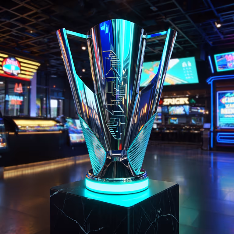 KodaBet Casino przedstawia trofeum w luksusowej, neonowo oświetlonej sali kasynowej, symbolizujące sukces i nagrody dla graczy VIP.